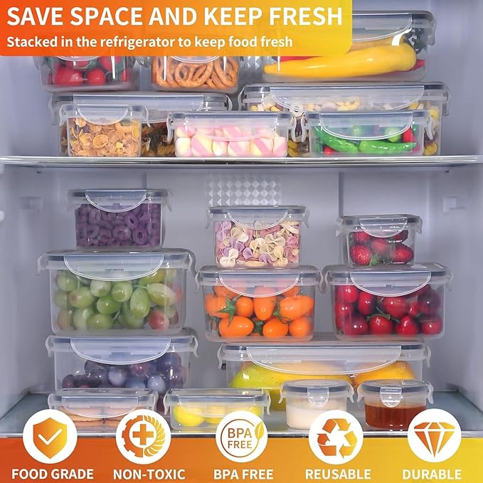 44 PCS Plastic Food Storage Containers with Lids Airtight, BPA-Free Leakproof Meal Prep Containers Reusable,Microwave & Dishwasher & Freezer Safe,Includes Labels & Pen