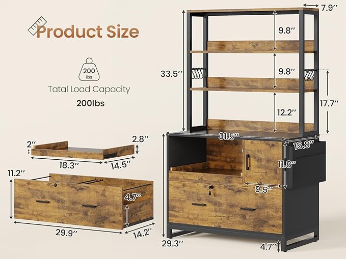 SEDETA File Cabinet with Lock and Sliding Open Storage Shelf, Filing Cabinet Fits Legal/Letter/A4 Size, File Cabinets for Home Office with Adjustable Storage Shelf and Hook, Rustic Brown