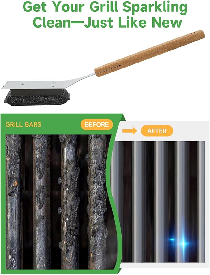 Grill Brush Cleaning BBQ Outdoor: GEEKHOM Bristle-Free Steel Fibers Scraper for Any Grill/Flat Top Griddles - with 1 Replaceable Head - Perfect for Safe & Efficient Grilling