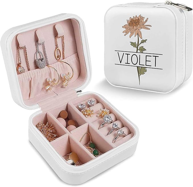 Personalized Travel Jewelry Organizer with Birth Flower and Name, Customized Jewelry Box, Personalized Gifts for Women, Girls, Mother, Wife, Bridesmaid, Custom Gifts for Birthday, Anniversary, Wedding