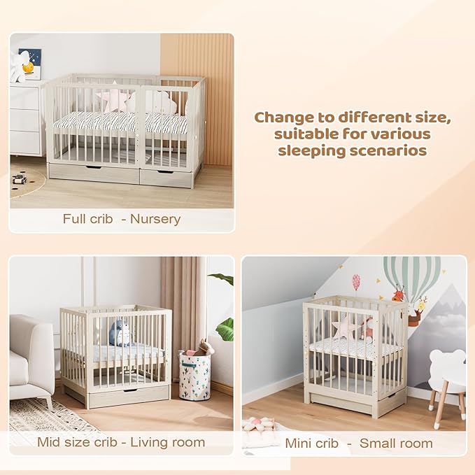 JOYMOR 8 in 1 Convertible Crib with Changer, Include 2” Mattress, Converts to Bassinet, Mid Crib, Full Size Crib, Daybed,Toddler Bed and Playard (Crib with Drawer, Washed Natural)