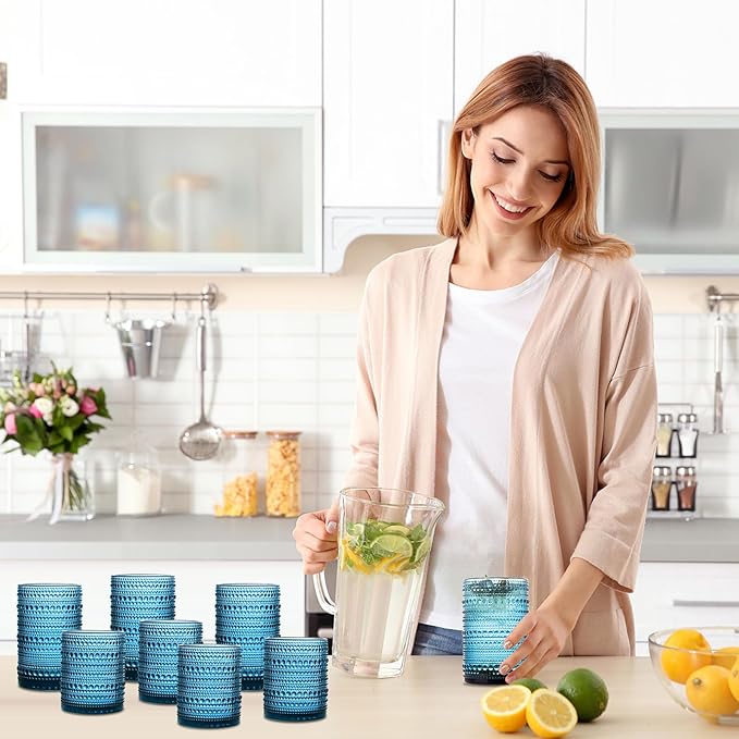Set of 8 Hobnail Drinking Glasses Vintage Blue Glassware - 4 Highball Glasses 14 oz, 4 Rocks Glass Cup 11 oz, Embossed Old Fashioned Glassware for Water,Wine,Beer,Juice, (Cornflower Blue)