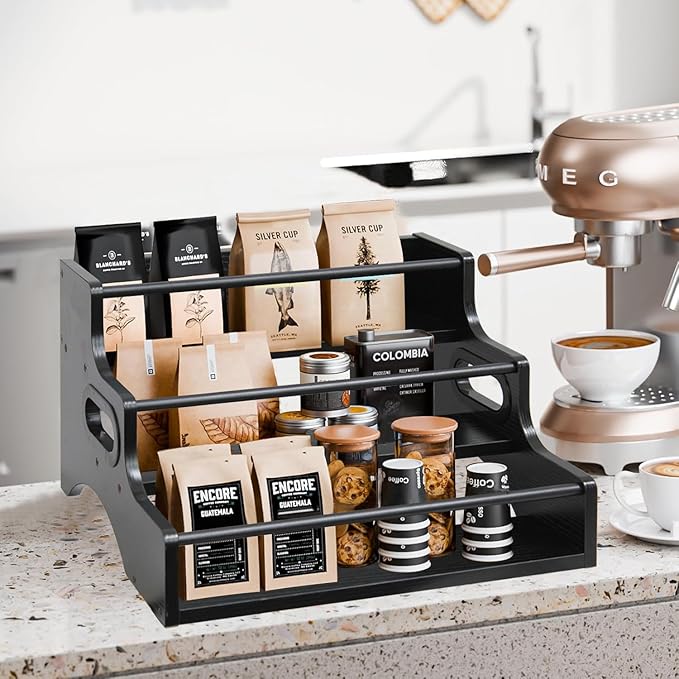 AT-VALY 3-Tier Spice Rack, Iron & MDF Kitchen Storage Shelf, Space-Saving Countertop Organizer for Spices, Herbs, Seasonings, Sturdy Stylish Condiment Holder (Black Grain)