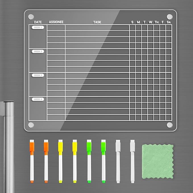 PigPotParty Acrylic Magnetic Monthly Chore Chart for Multiple Kids Roommates – 12"x9.5" Rotating Weekly Task Board for Kids Students Families, Clear Dry Erase Fridge Chart, w/ 8 Markers & 1 Towel