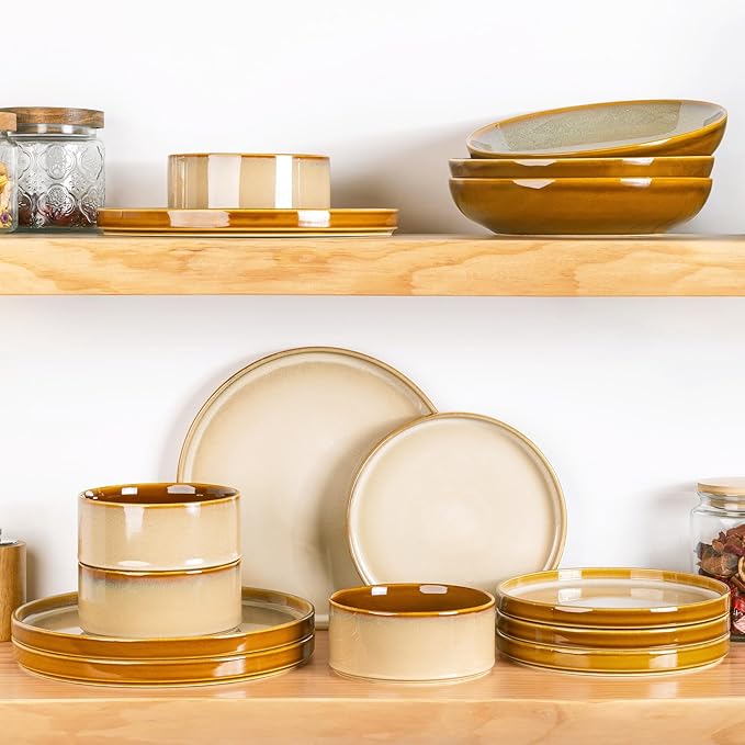 LERATIO Ceramic Dinnerware Sets for 4,Round Reactive Glaze Ceramic Plates and Bowls Set,Highly Chip and Crack Resistant | Dishwasher & Microwave Safe Dishes Set,Service for 4 (12pc)-Kahki