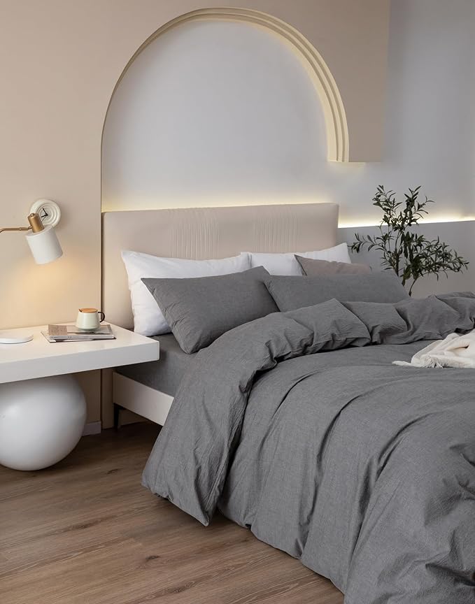 JIYUAN 100% Washed Cotton Duvet Cover Set 3 PCS Oversized Queen, 1 Duvet Cover 98"x98" (Comforter Not Included) and 2 Pillowcases,Linen Feel Bedding Set Comfy and Breathable, Heathered Dark Grey