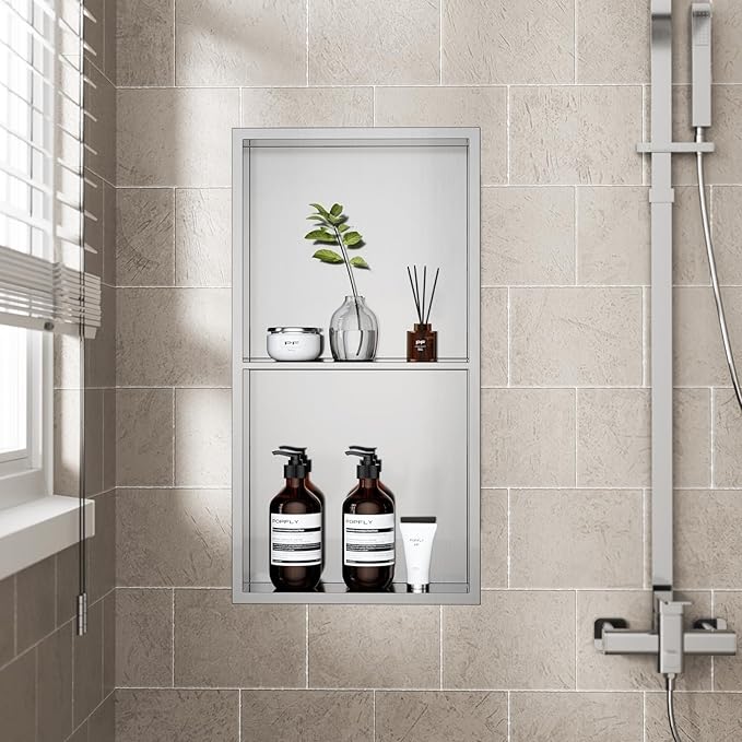 POPFLY 12"×24" Stainless Steel Shower Niche, Double Shelves Bathroom Niche No Tile Needed Recessed Niche Shower for Bathroom Storage, Horizontal or Vertical Insert, Nano Silver