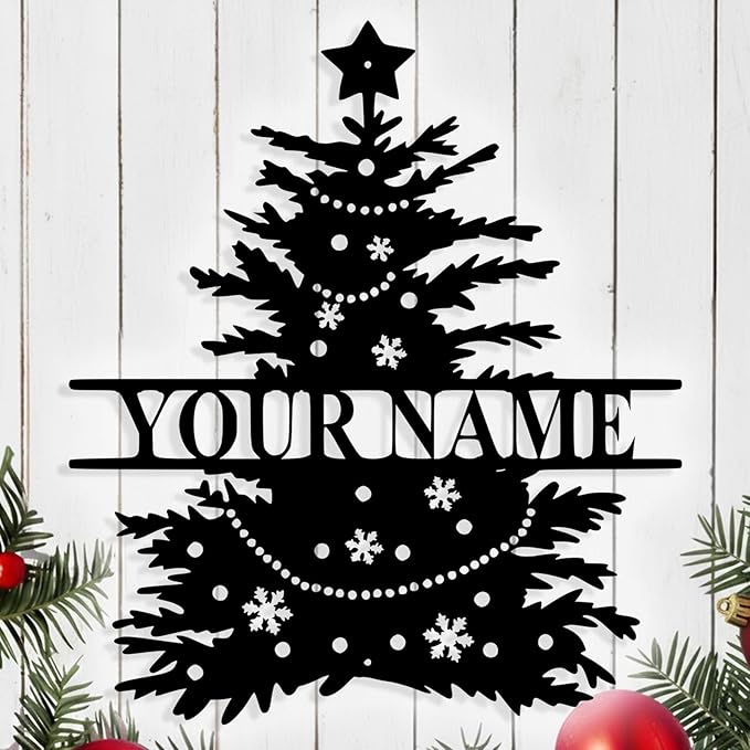 Personalized Christmas Tree Metal Sign, Custom Signs Outdoor Metal Wall Decor, Merry Christmas Tree Signs Wall Decoration for Home Living Room, Bedroom, Office, Garden, Porch