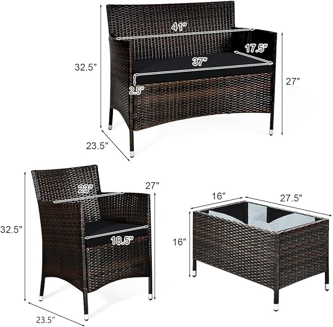 Tangkula 4 Pieces Patio Rattan Conversation Set, Outdoor Wicker Furniture with Tempered Glass Coffee Table & Thick Cushion, Rattan Chair Wicker Set for Garden, Lawn, Poolside and Backyard (1, Black)