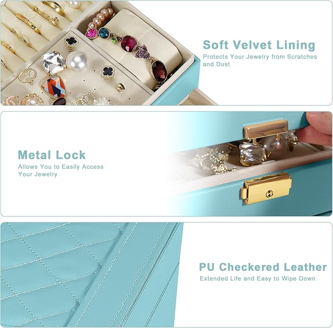 2-Layer Jewelry Box for Women, Jewelry Organizers and Storage with Removable Jewelry Tray, Vintage Quilted Top Lockable Jewelry Holder Gift Idea Sky Blue