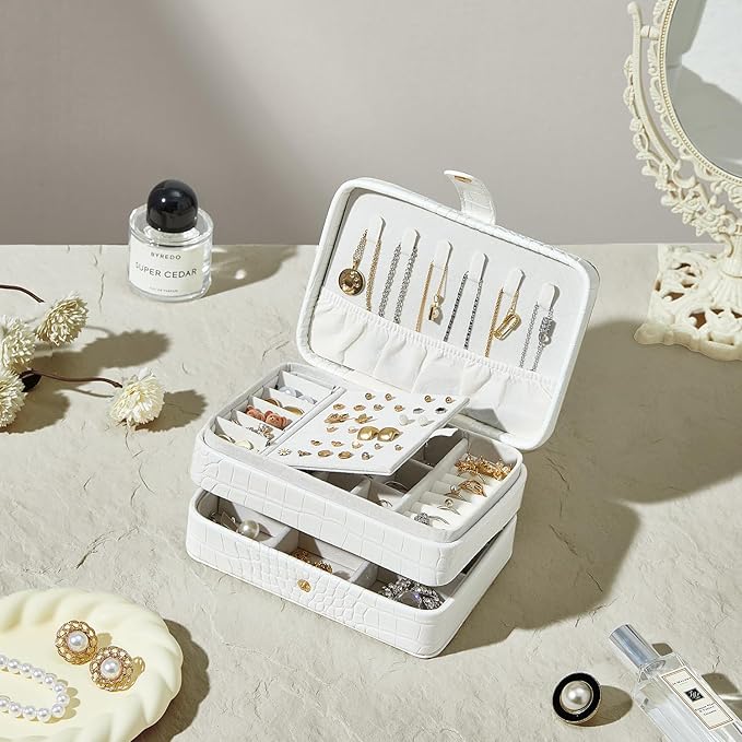 PU Leather Small Jewelry Box for Women Girls, Double Layers Travel Portable Jewelry Case for Ring, Pendant, Earring, Necklace, Bracelet Organizer Storage Holder Boxes, White