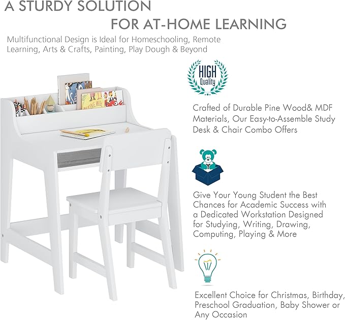 UTEX Kids Desk and Chair Set, Study Desk for Kids with Storage Bins, Wooden Children Study Table, Student Writing Desk for Bedroom & Study Room