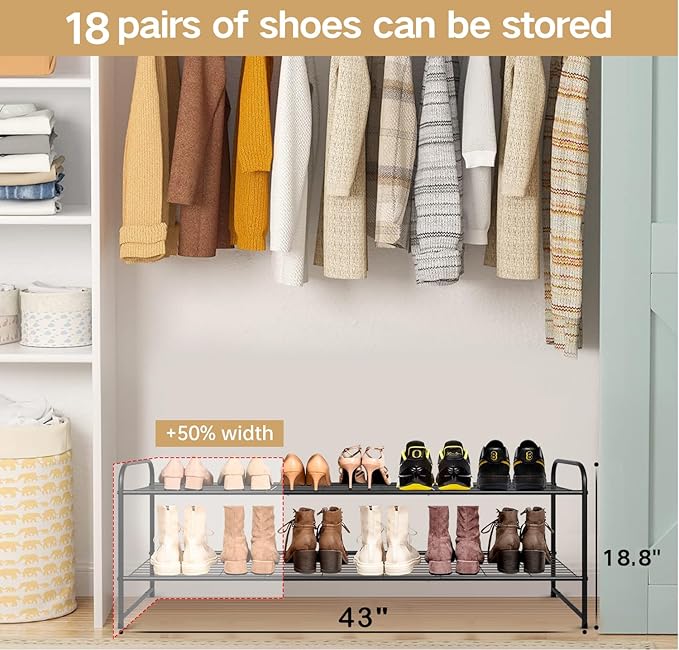 KEETDY 2-Tier Long Shoe Organizer for Closet Metal Shoe Rack for Entryway, Wide Stackable Shoe Shelf Storage with Sturdy Wire Grid for Closet Floor, Bedroom, Black