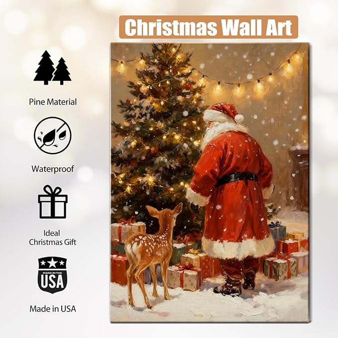 Santa's Reindeer & Christmas Tree Canvas Wall Art - Vintage Framed Canvas Prints for Living Room & Office, Festive Christmas Wall Decor Ready to Hang, Unique Christmas Gifts & Holiday Winter Decor
