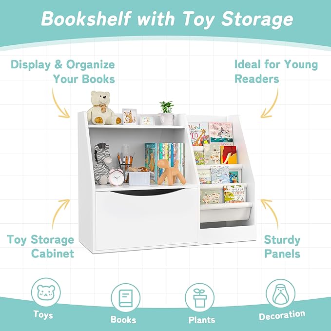 TOETOL 2 Tier Kids Bookshelf and Book Storage，4 Sling Toddler Bookshelf, Storage Boxes Book Shelf & Organizer for Nursery Playroom Classroom Library Bedroom White