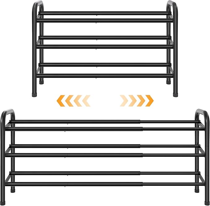 3 Tier Shoe Organizer, Shoe Rack for Closet, 28“ Metal Shelf Can Expandable to 42“, for Bedroom, Entryway, Closet, Garage, Adjustable to 18 Pairs Shoes, Black