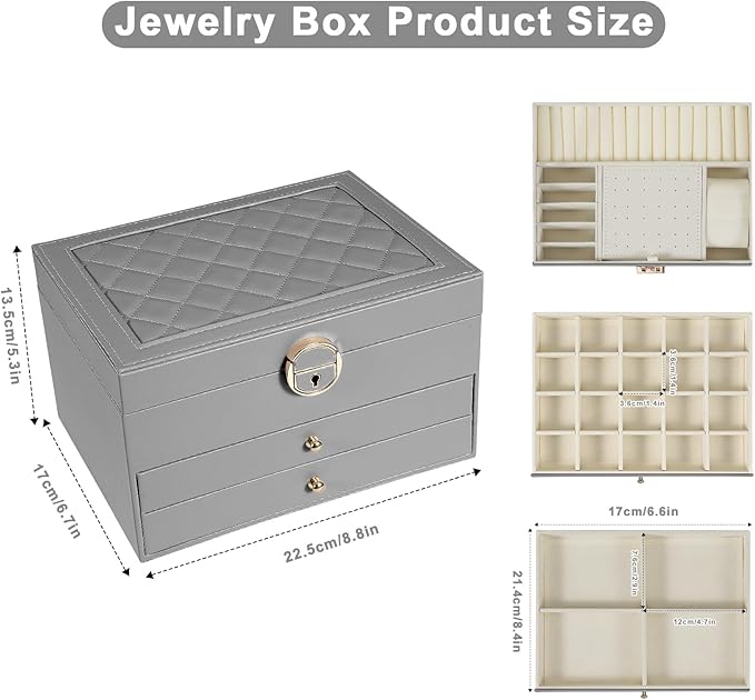 3-Layer Jewelry Box for Women, Earing Holder Jewelry Organizers and Storage with Removable Jewelry Tray, Vintage Quilted Top Lockable Jewelry Holder Gift Idea Gray