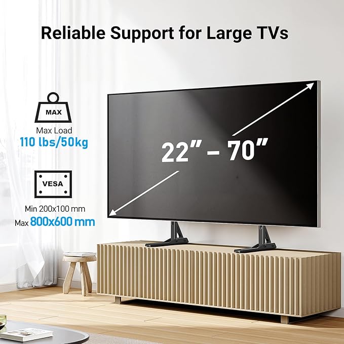 PERLESMITH Universal TV Stand Mount for 22-70 Inch TVs, Height Adjustable Table Top TV Stand, Great Load-Bearing Replacement TV Legs with Tempered Glass Holds up to 110lbs, Max VESA 800 x 600mm