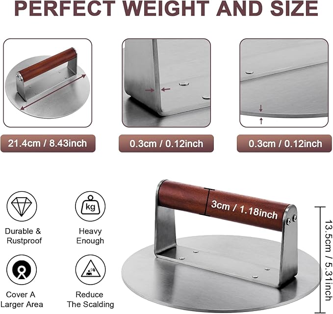 Stainless Steel Burger Press, 8.5" NonStick Hamburger Smasher Tool & Grill Press, 2.5 lbs Heavy Duty Bacon with Wood Handle for Blackstone Camp Chef Pitboss Weber Griddle Grills(Round)