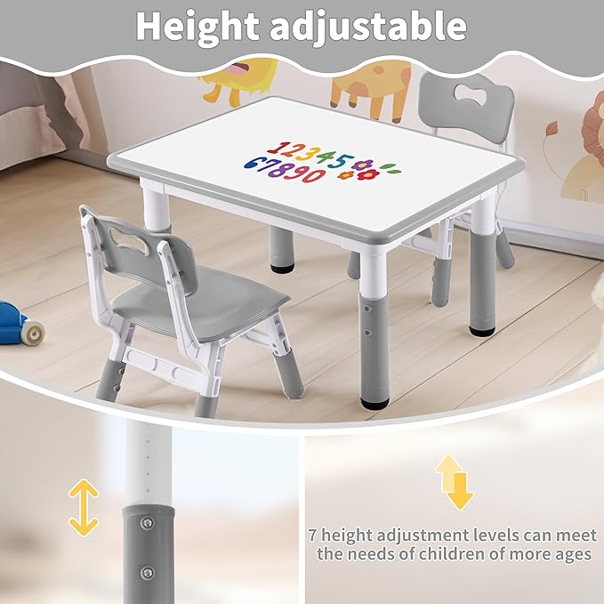 Adjustable Kids Table, Arts and Crafts Child Table with Graffiti Desktop, 7 Level Height Adjustable Children Table for Ages 3-8, Easy to Wipe Toddler Desk for Classrooms/Daycares/Homes