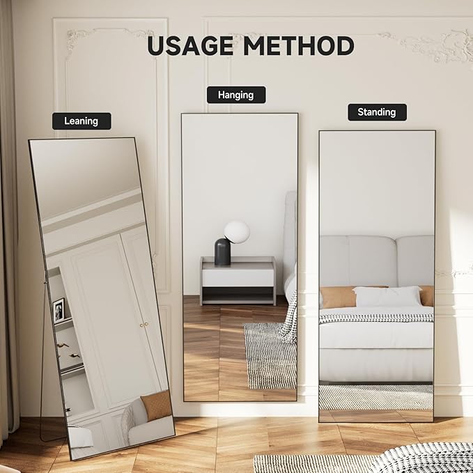 69"x24" Full Length Mirror,Black Tempered Glass Rectangle Floor Standing Mirrors, Wall Mounted Hanging Aluminum Alloy Frame Bedroom Floor