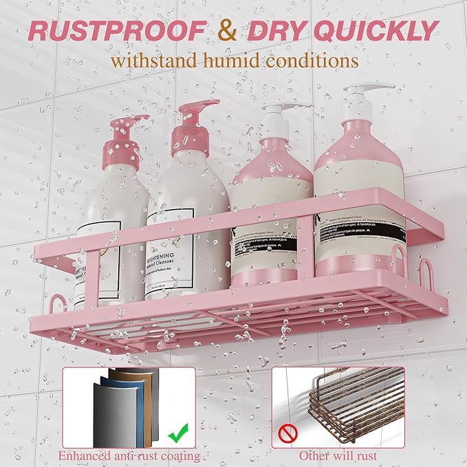 Adhesive Shower Caddy,Shower Shelves with Soap Holder and 12 Hooks,Rustproof No Drilling Bathroom Organizer and Storage,Pink,3 Pack