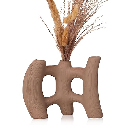 Ceramic Vase for Flowers, Handmade Vase Wabi Sabi Decor, Rustic Terracotta Vases for Pampas Grass, Vintage Brown vase for Bookshelf, Office, Entryway, Console