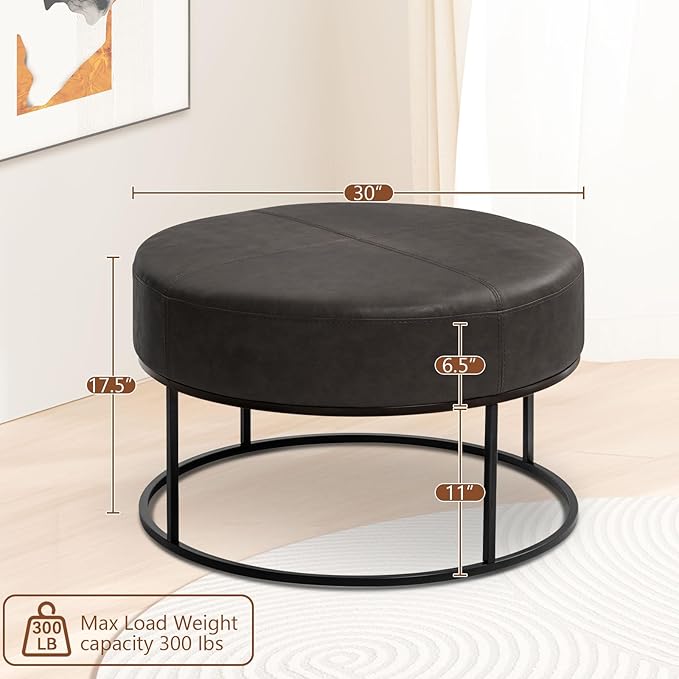 Modern Round Coffee Table, Farmhouse Ottoman for Living Room, Large Vintage Leather Coffee Tables with Leather Upholstered Padded Seat [Round, Vintage Black, 30'']