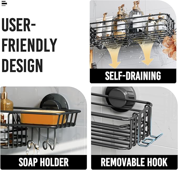 LEVERLOC Shower Caddy Suction Cup, 2 Pack suction shower shelf with Hooks & Soap holder, NO-Drilling Bathroom Holder, Rustproof bathroom organizer, Black