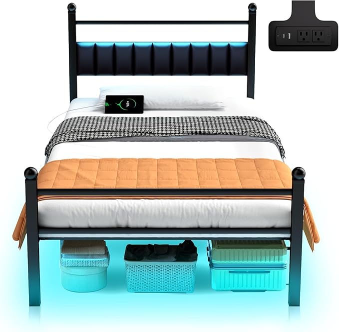 Twin Bed Frames with LED Lights & Charging Station - Metal Platform Bed Frame with Under Bed Storage - Heavy Duty Steel Slats/Upholstered Headboard/Noise-Free/No Box Spring Needed/Easy Assembly/Black