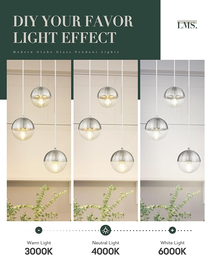 LMS Modern Brushed Nickel 3-Light Cluster Pendant Lights, Mid Century Pendant Lighting with Clear Globe Glass Shade, Adjustable Hanging Cord Ceiling Light for Bathroom Dining Room, LMS-186BNC3