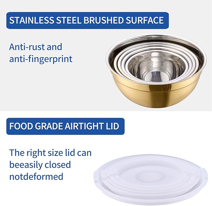 5 Piece Gold Mixing Bowls with Lids for Kitchen, Stainless Steel Mixing Bowls Set Ideal for Baking, Prepping, Cooking and Serving Food, Nesting Metal Mixing Bowls for Space Saving Storage, 1