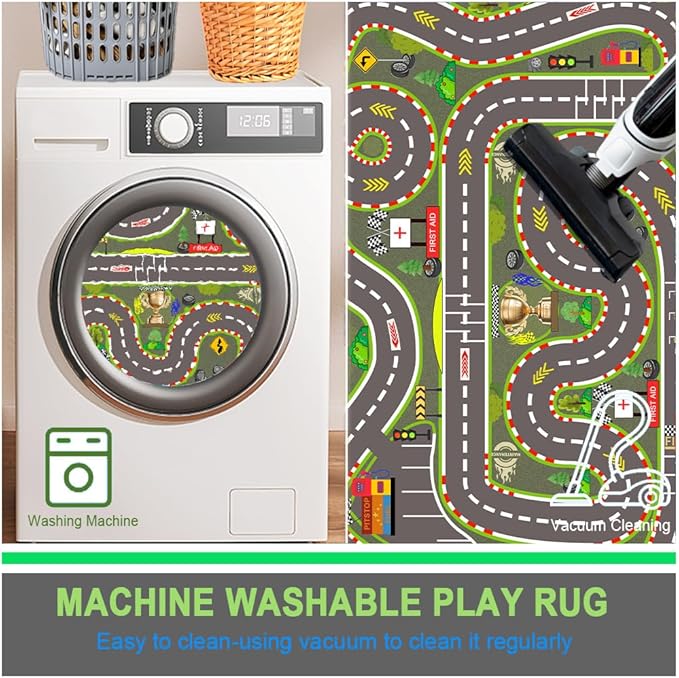 Kids Rug, Race Track Playmat Rugs 94×63 in Kids Carpet with Rubber Backing, Start and Finish line Racing Track Marking Car Road Race 3D Play Mat Nursery Rugs for Children Bedroom Playroom