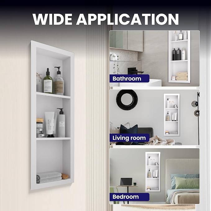 Stainless Steel Shower Niche 12" X 36"，3-Tier Shelf Niches Bathroom Shelf Recessed Wall Niche No Tile Needed Shower Shelf for Bathroom Storage(White, 12 x 36)