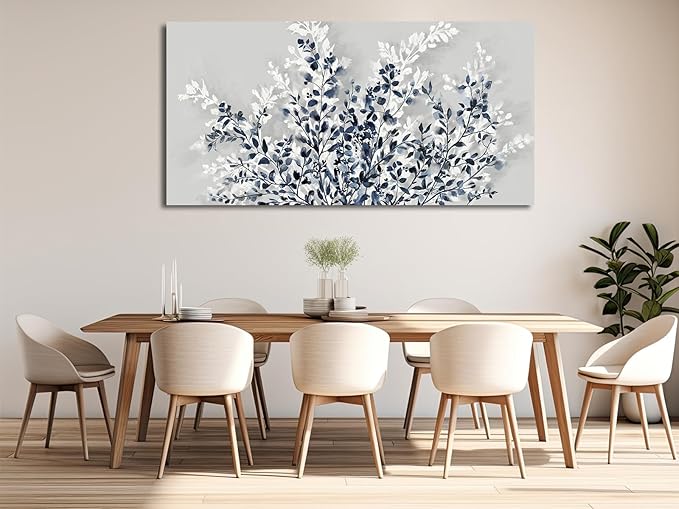 NINEASO Botanical Flowers Wall Art - Indigo Blue and White Floral Canvas Pictures Spring Blooming Painting Gray Background Printing Artwork Living Room Bedroom Home Office Wall Decor 29" x 58"