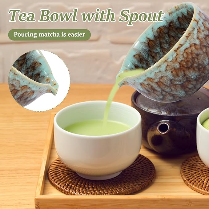 2Pcs Ceramic Matcha Bowl and Whisk Holder Set Easy to Use Tea Bowl and Whisk Stand Easy to Clean Matcha Tea Mixing Tool for Lover.(Kiln turns coffee,2PCS)