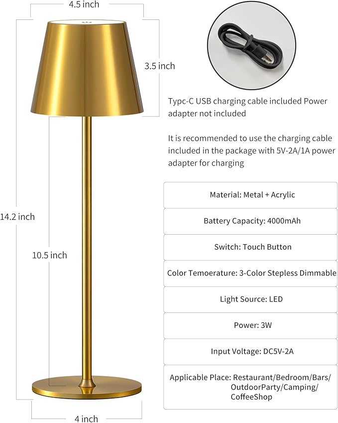 PUSU Cordless Rechargeable Table Lamp Set of 2, 4000mAh Battery Powered LED Desk Lamp, 3 Color Stepless Dimming Up, Portable Table Light Lamp for Bedroom Restaurant Outdoor (Gold)
