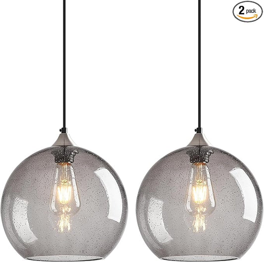 Light Grey Glass Pendant Lights Kitchen Island Globe Pendant Light Fixtures Modern Pendant Lighting for Bedroom Living Dining Room Light Fixture (9.84 in, 2 Pack)