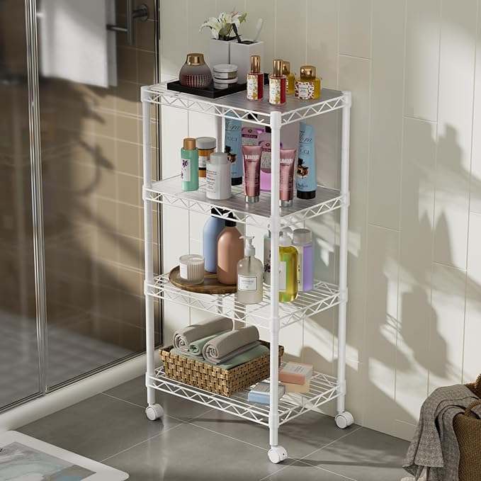 Small 4 Tier Shelves Storage Wire Shelving Unit Metal Shelf Adjustable Organizers Storage Shelving with Wheels for Bathroom Laundry Room Kitchen Pantry12”D x 18”W x 44.8”H White