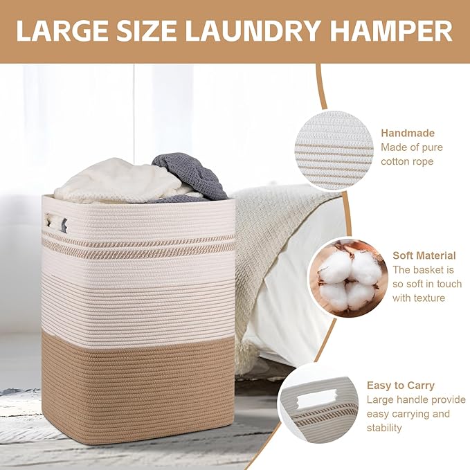 Laundry Hamper, Large Woven Rope Tall Laundry Basket with Handles, 22" X 17" X 13", Decorative Storage Basket for Clothes and Blankets in Living room, Bedroom, Jute & White