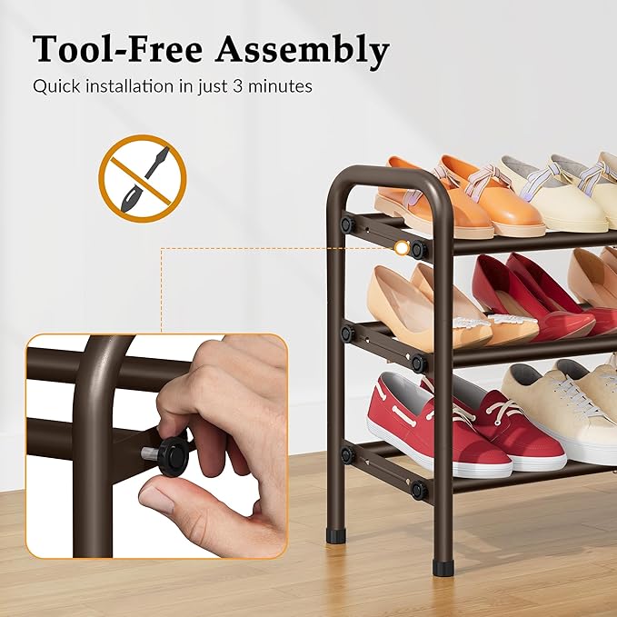 3 Tier Shoe Organizer, Shoe Rack for Closet, 28“ Metal Shelf Can Expandable to 42“, for Bedroom, Entryway, Closet, Garage, Adjustable to 18 Pairs Shoes, Brown