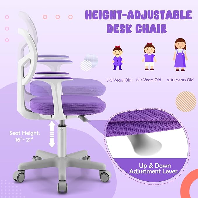 HONEY JOY Kids Desk Chair, Height Adjustable Children Study Chair, Swivel Mesh Task Student Chair, Universal Casters, Child Computer Desk Chair for Boys Girls Age 3-10 (Purple)