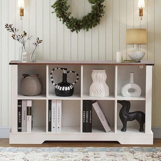 8 Cube Storage Organizer, 2 Tier Bookshelf for Living Room, Farmhouse Bookcase with Led, Kids Toy Storage Cabinet, Wall Cubby Shelves for Home Decor, Wood Display Cabinet for Bedroom, White