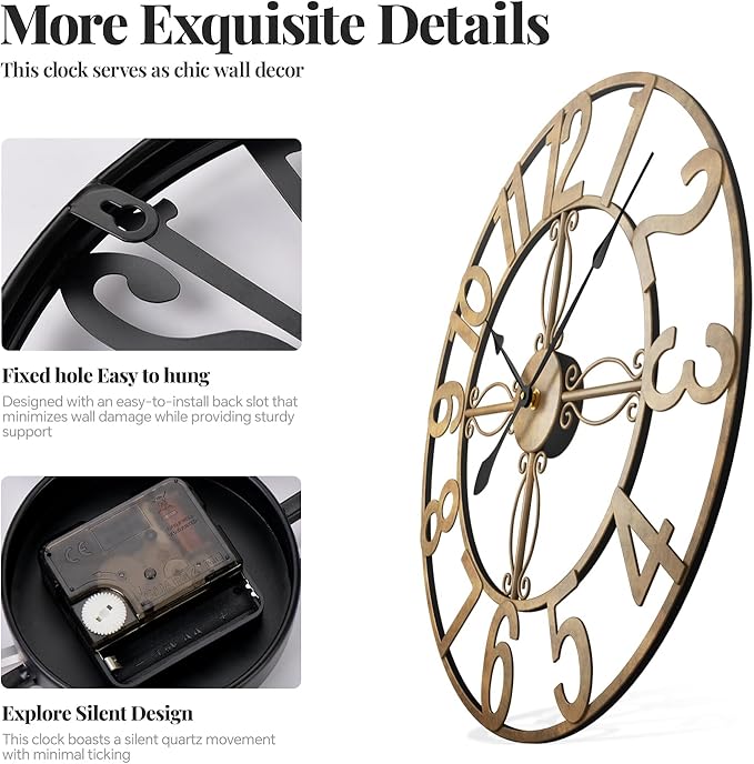 24 inch Wall Clock, Large Wall Clocks for Living Room, Decorative Metal Round Clock Battery-Operated Silent Non Ticking Retro Rustic Arabic Numerals Analog, Bronze