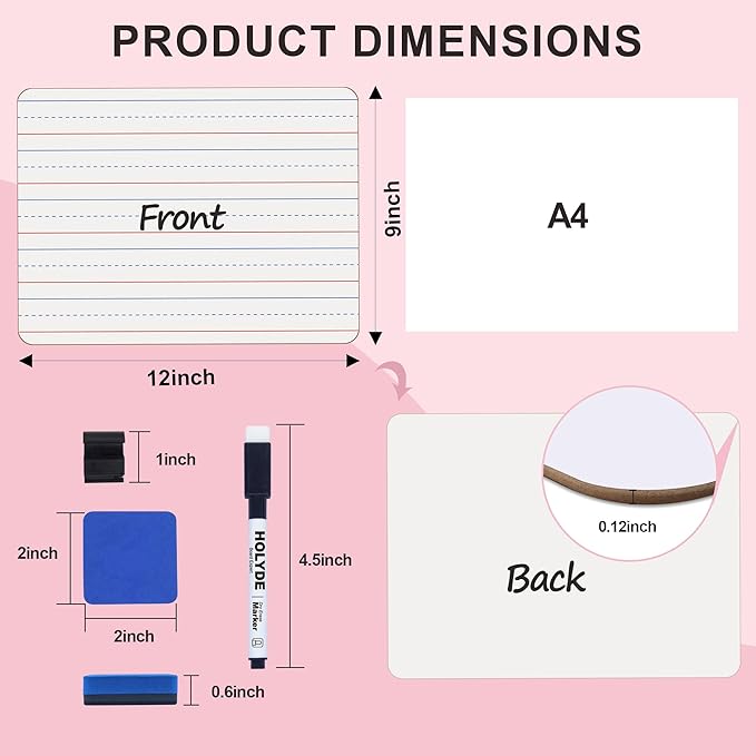 Set of 30 Dry Erase Boards, Double Sided Small Whiteboards with Lines for Kids, Students, Teacher & Classroom Pack, 9"x12" Mini Individual White Boards Lined for Writing with 30 Makers, 30 Erasers