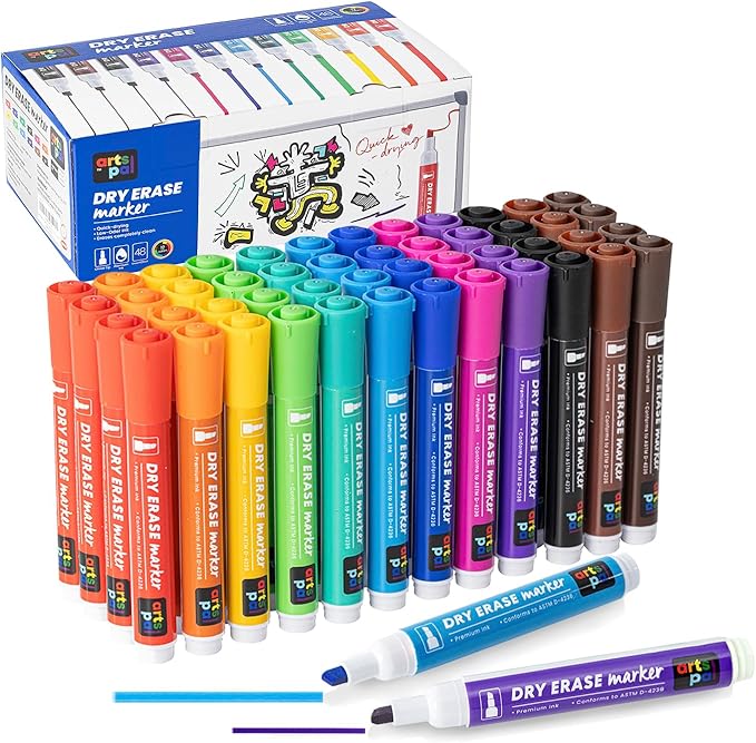 Artspal Dry Erase Markers, 48 Count 12 Vibrant Colors, Chisel Tip, Low Odor, Easy Erase Whiteboard Markers for Classroom, Office, Home, Teachers, Kids, Creative Projects, Back to School Supplies
