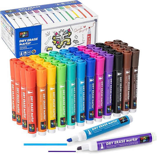 Artspal Dry Erase Markers, 48 Count 12 Vibrant Colors, Chisel Tip, Low Odor, Easy Erase Whiteboard Markers for Classroom, Office, Home, Teachers, Kids, Creative Projects, Back to School Supplies