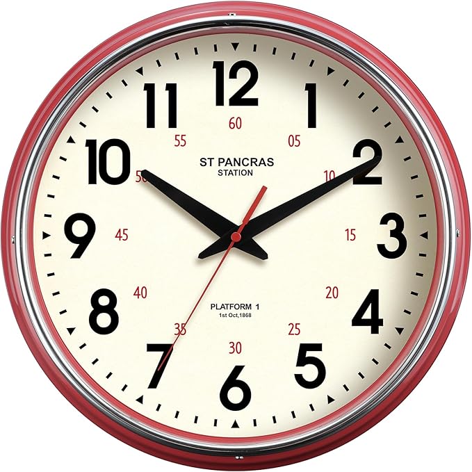 Wall Clock Metal 12.4" Countryside Style Wall Clocks Retro Vintage Classical Silent Non Ticking Easy to Read for Living Room/Kitchen/Bedroom/Office/Bar(12.4" Red)