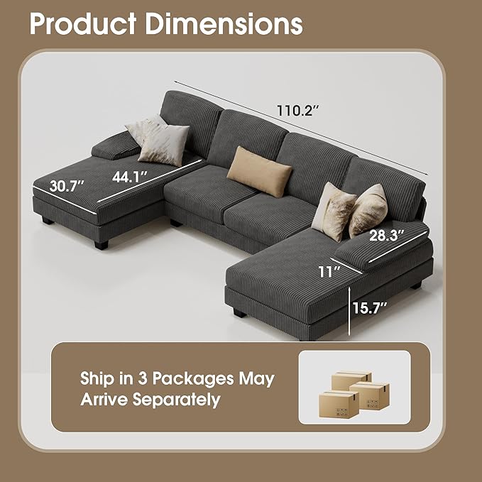 Furmax Sectional Couches for Living Room, U-Shaped Sofa Couch with Linen Fabric, 4 Seat Sofa Set with Double Chaise for Apartment (Corduroy, Dark Grey)