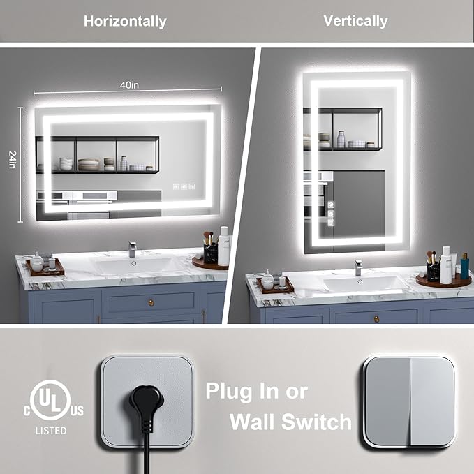 LED Mirror for Bathroom, 40x24 Inch Backlit + Front Lighted Bathroom Vanity Mirror with Lights for Wall, Double Light Strips, 3 Colors, Shatter-Proof, Anti-Fog and Brightness Memory